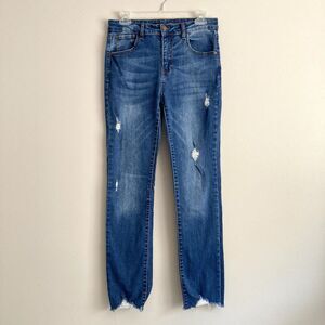 Risen Womens Distressed Frayed Hem High Rise Denim Jeans Straight Leg Size 9/29